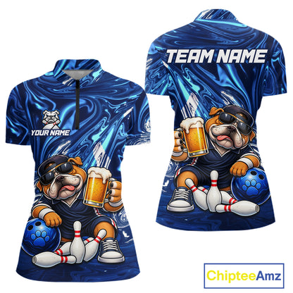 Custom Blue Funny Bulldog & Beer Bowling Shirts Bowling Jersey QZT1331