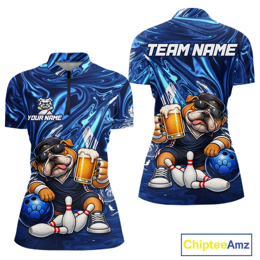 Custom Blue Funny Bulldog & Beer Bowling Shirts Bowling Jersey QZT1331