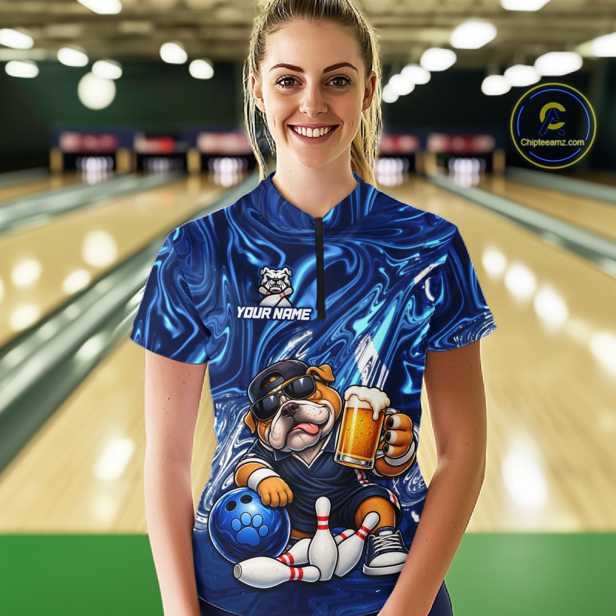 Custom Blue Funny Bulldog & Beer Bowling Shirts Bowling Jersey QZT1331