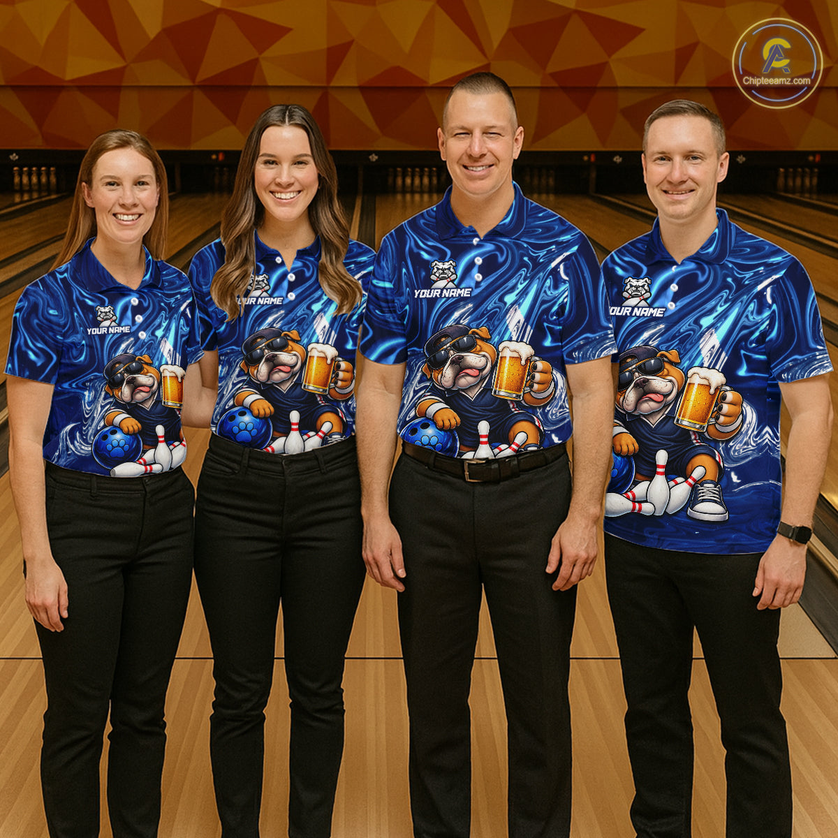 Custom Blue Funny Bulldog & Beer Bowling Shirts Bowling Jersey QZT1331