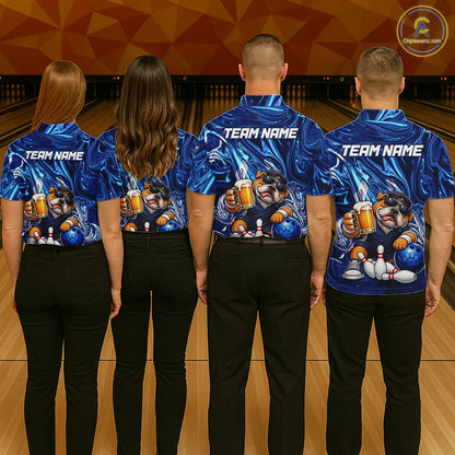 Custom Blue Funny Bulldog & Beer Bowling Shirts Bowling Jersey QZT1331