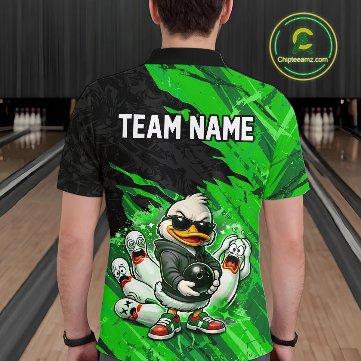 Custom Green Funny Duck Bowling Shirts for Men Bowling Jersey QZT1329