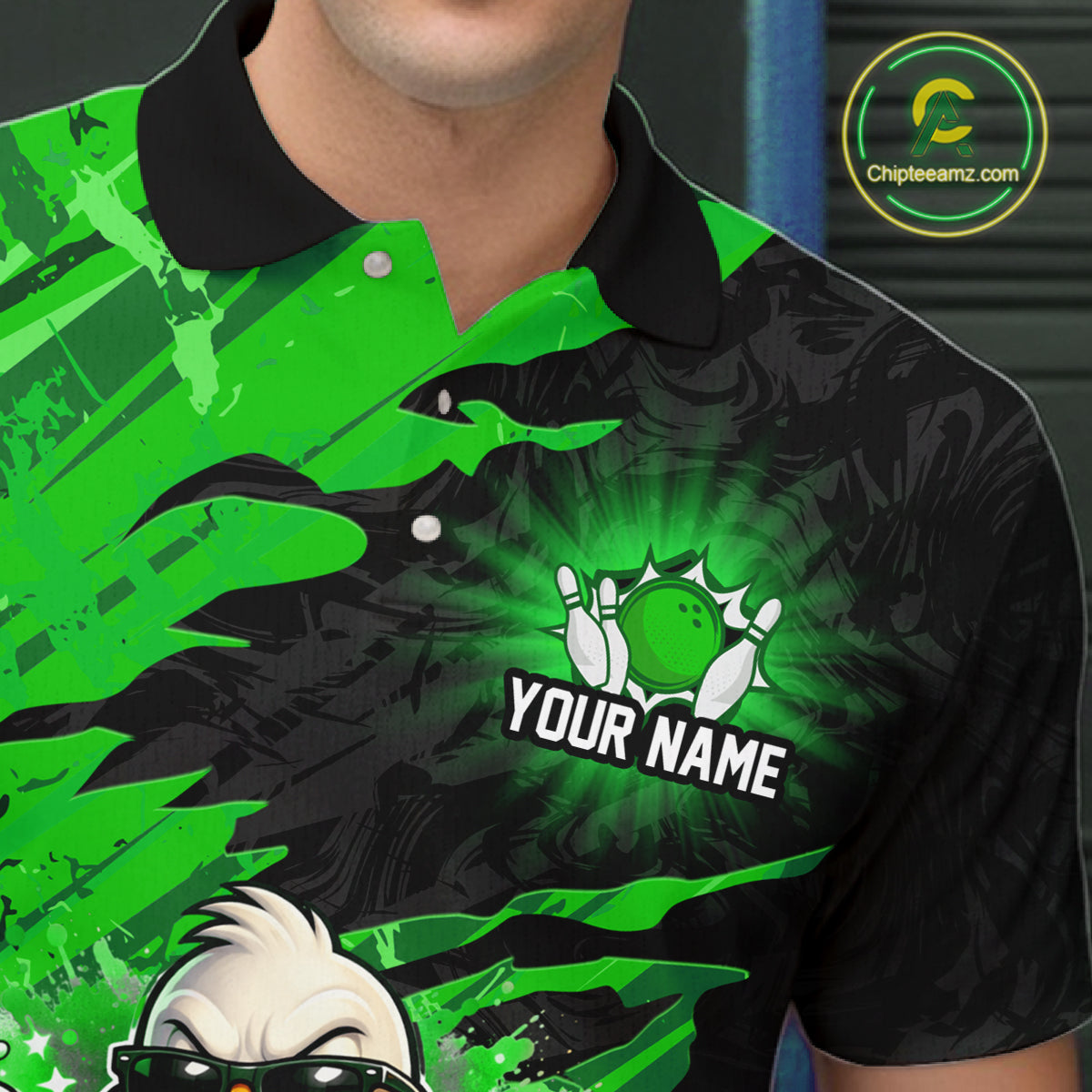 Custom Green Funny Duck Bowling Shirts for Men Bowling Jersey QZT1329