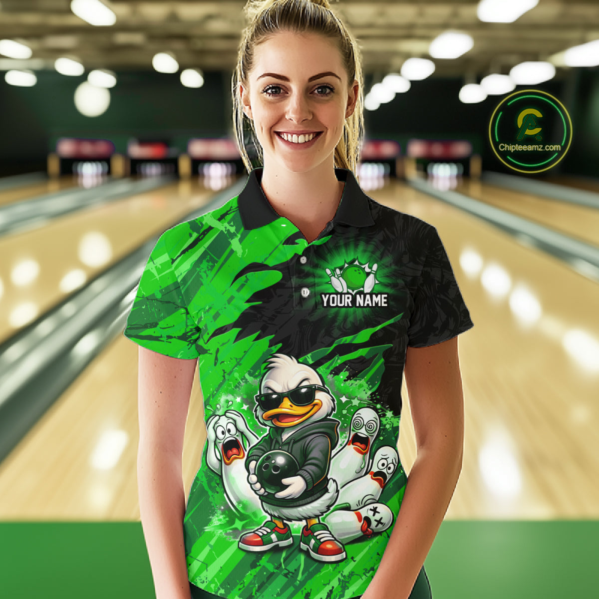 Custom Green Funny Duck Bowling Shirts for Women Bowling Jersey QZT1329