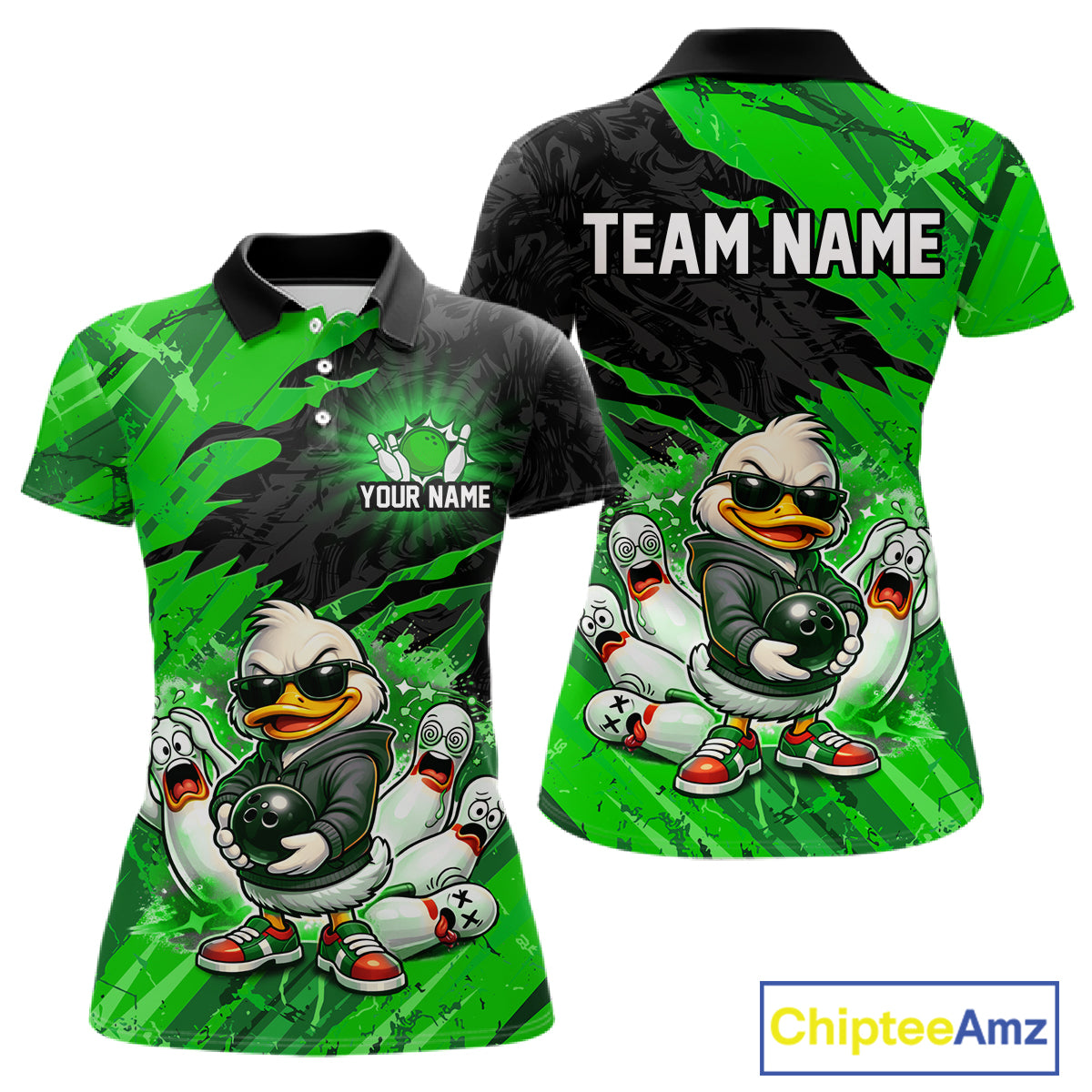 Custom Green Funny Duck Bowling Shirts for Women Bowling Jersey QZT1329