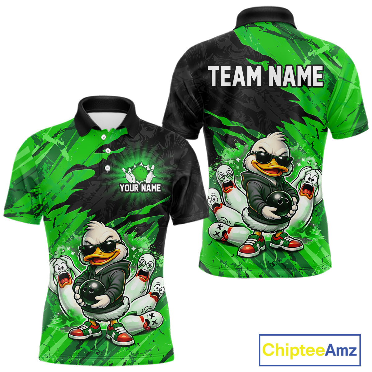 Custom Green Funny Duck Bowling Shirts for Men Bowling Jersey QZT1329