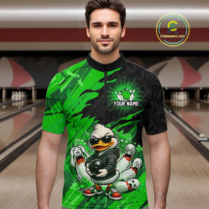 Custom Green Funny Duck Bowling Shirts for Men Bowling Jersey QZT1329