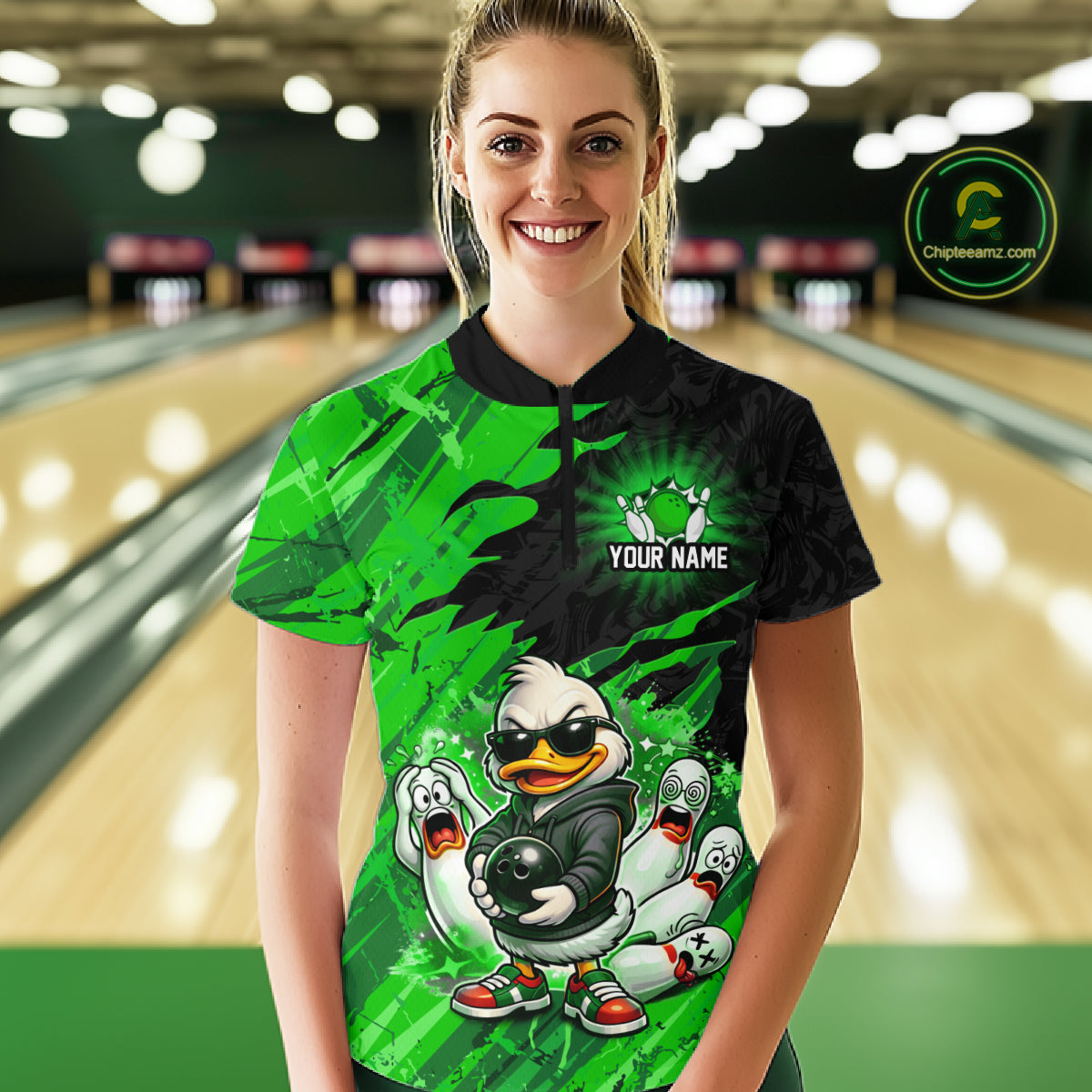 Custom Green Funny Duck Bowling Shirts for Women Bowling Jersey QZT1329