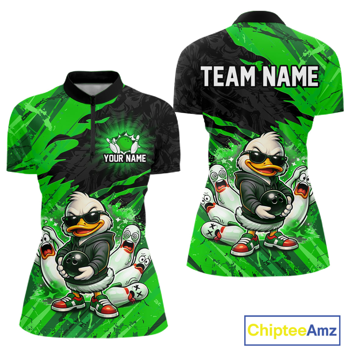 Custom Green Funny Duck Bowling Shirts for Women Bowling Jersey QZT1329