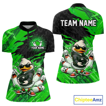 Custom Green Funny Duck Bowling Shirts for Women Bowling Jersey QZT1329