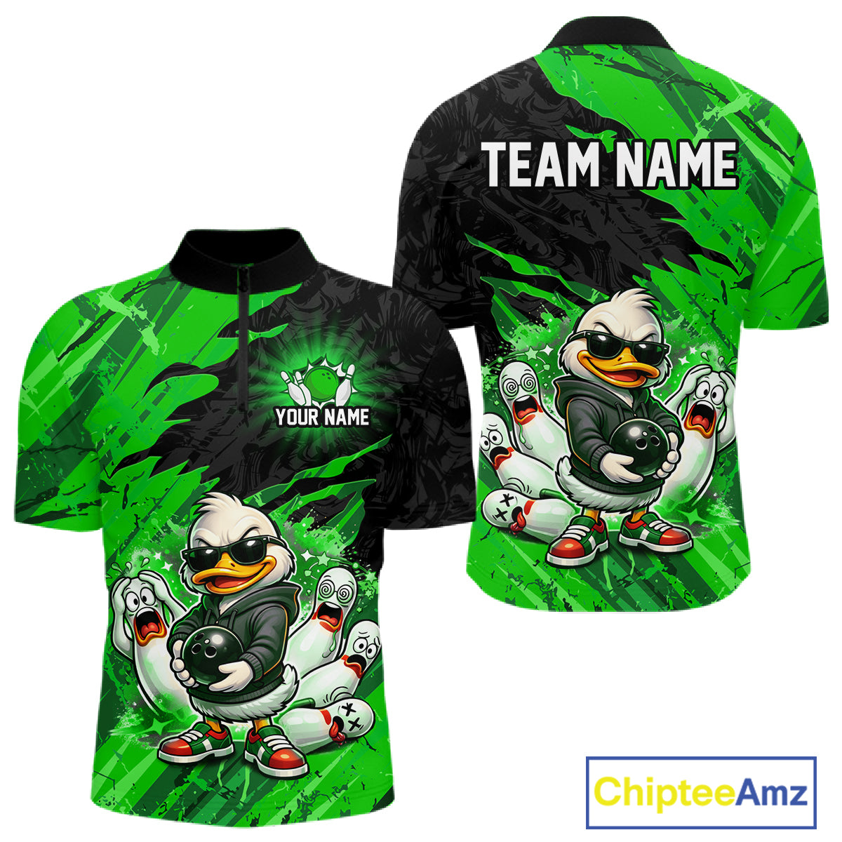 Custom Green Funny Duck Bowling Shirts for Men Bowling Jersey QZT1329