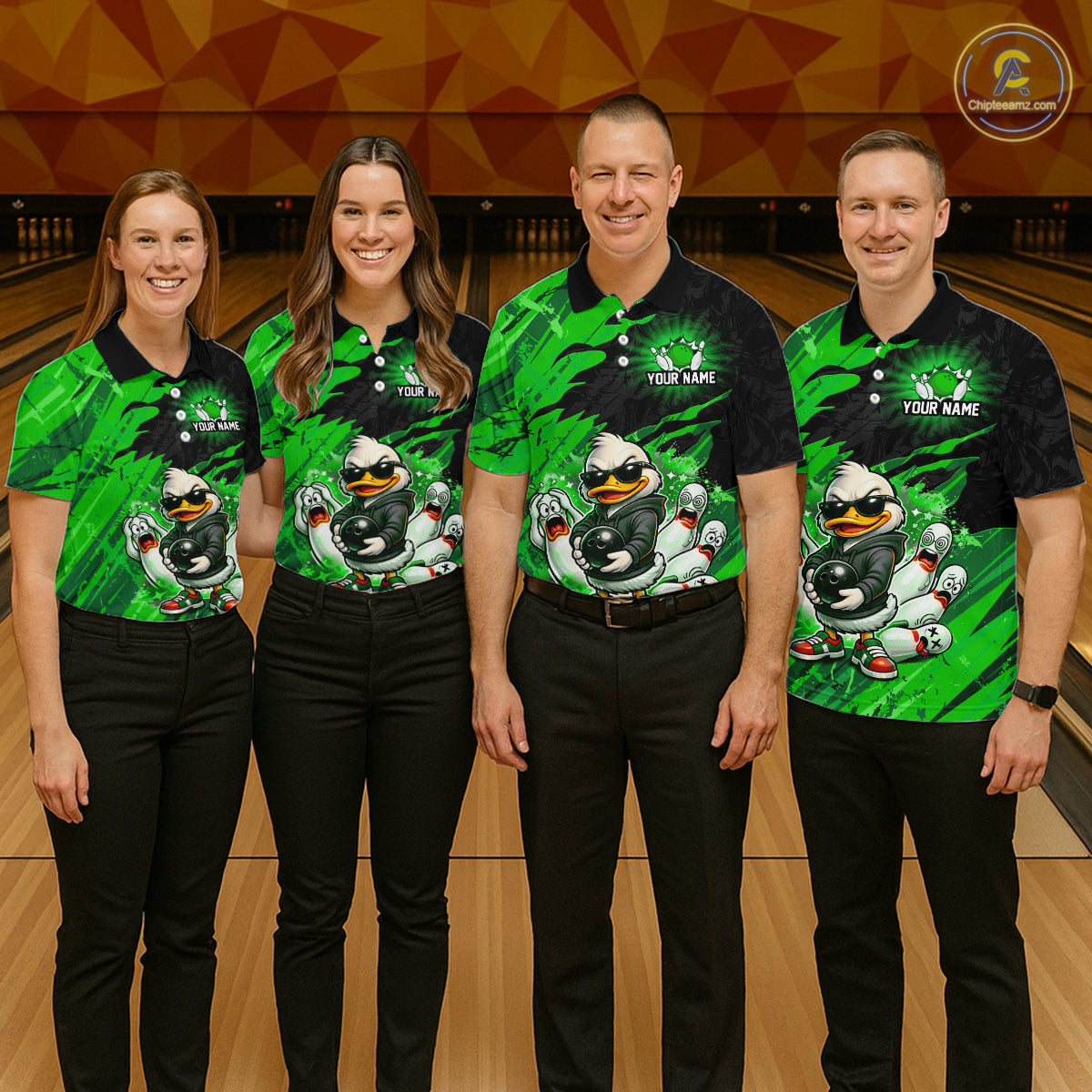 Custom Green Funny Duck Bowling Shirts for Men Bowling Jersey QZT1329