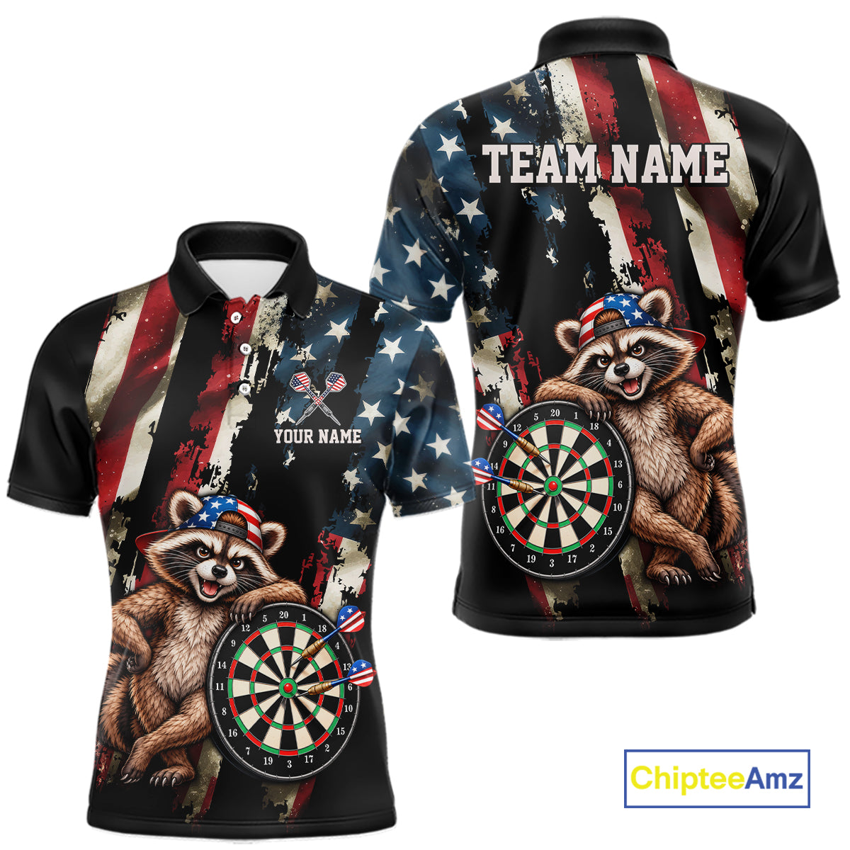 Custom American Flag Raccoon Dart Shirt for Men Patriotic Dart Team Jersey Polo & 1/4-Zip DHT103