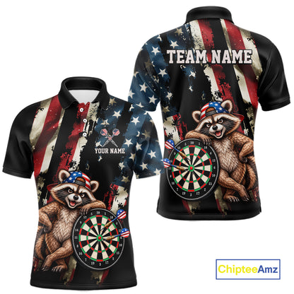 Custom American Flag Raccoon Dart Shirt for Men Patriotic Dart Team Jersey Polo & 1/4-Zip DHT103