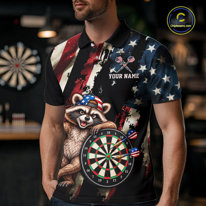 Custom American Flag Raccoon Dart Shirt for Men Patriotic Dart Team Jersey Polo & 1/4-Zip DHT103