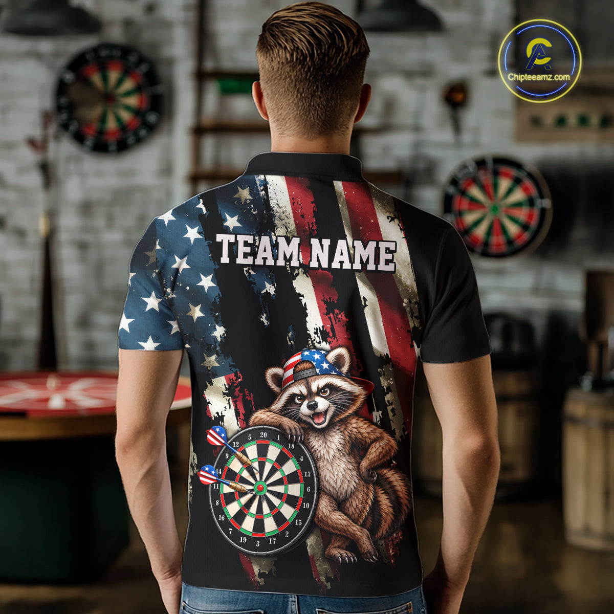 Custom American Flag Raccoon Dart Shirt for Men Patriotic Dart Team Jersey Polo & 1/4-Zip DHT103