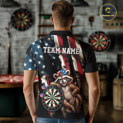Custom American Flag Raccoon Dart Shirt for Men Patriotic Dart Team Jersey Polo & 1/4-Zip DHT103