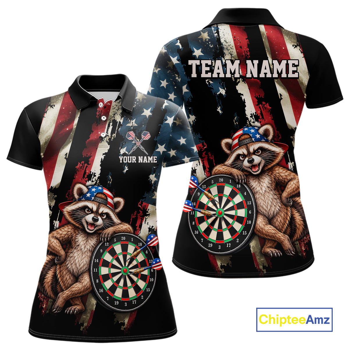Custom American Flag Raccoon Dart Shirt for Women Patriotic Dart Team Jersey Polo & 1/4-Zip DHT103