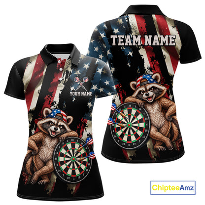 Custom American Flag Raccoon Dart Shirt for Women Patriotic Dart Team Jersey Polo & 1/4-Zip DHT103
