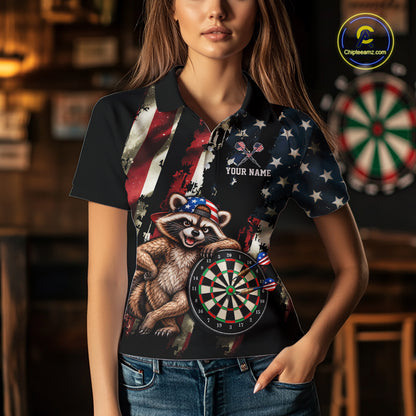 Custom American Flag Raccoon Dart Shirt for Women Patriotic Dart Team Jersey Polo & 1/4-Zip DHT103