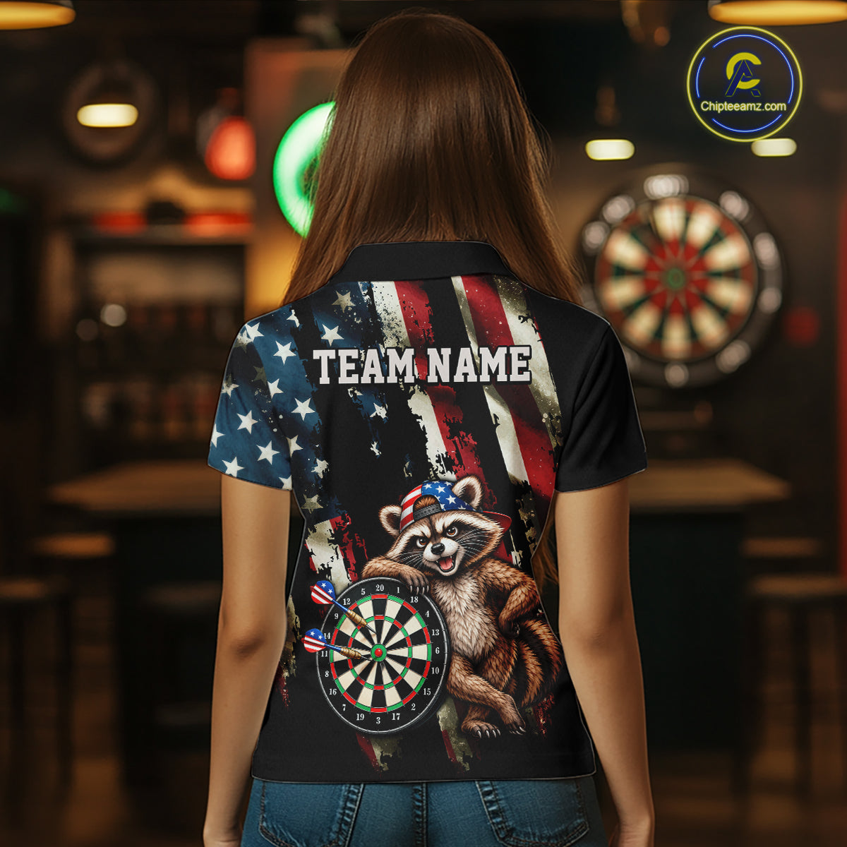 Custom American Flag Raccoon Dart Shirt for Women Patriotic Dart Team Jersey Polo & 1/4-Zip DHT103