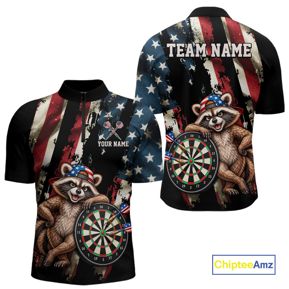 Custom American Flag Raccoon Dart Shirt for Men Patriotic Dart Team Jersey Polo & 1/4-Zip DHT103