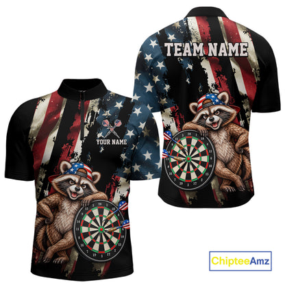 Custom American Flag Raccoon Dart Shirt for Men Patriotic Dart Team Jersey Polo & 1/4-Zip DHT103