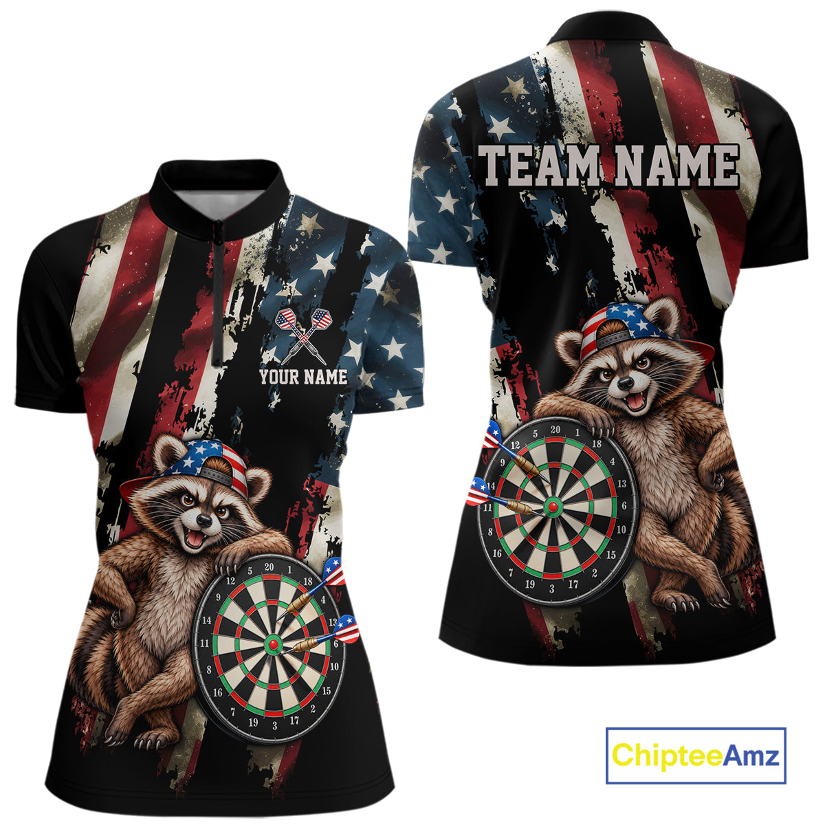 Custom American Flag Raccoon Dart Shirt for Women Patriotic Dart Team Jersey Polo & 1/4-Zip DHT103