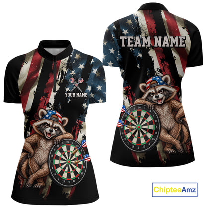 Custom American Flag Raccoon Dart Shirt for Women Patriotic Dart Team Jersey Polo & 1/4-Zip DHT103