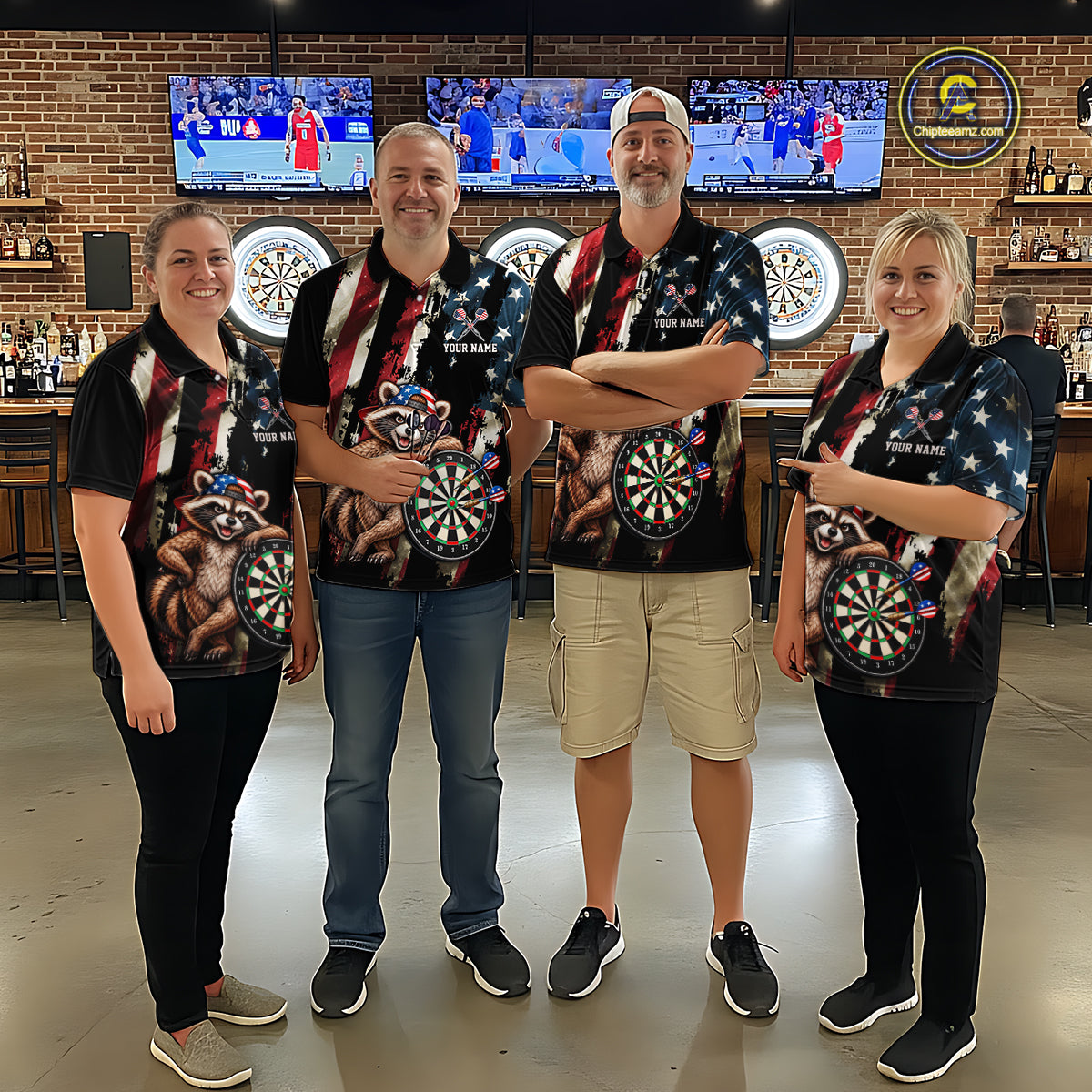Custom American Flag Raccoon Dart Shirt for Men Patriotic Dart Team Jersey Polo & 1/4-Zip DHT103