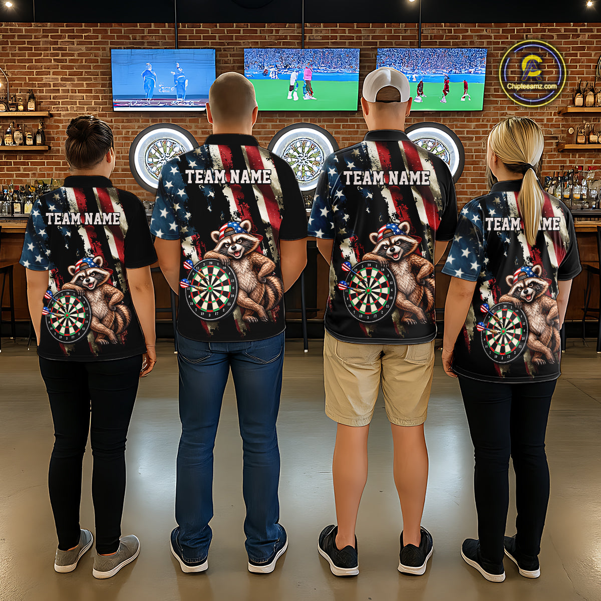 Custom American Flag Raccoon Dart Shirt for Men Patriotic Dart Team Jersey Polo & 1/4-Zip DHT103