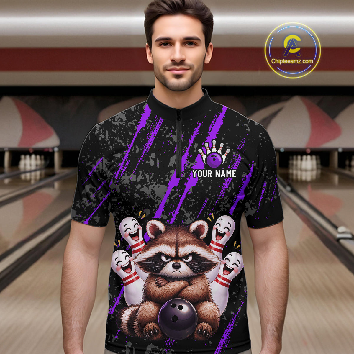 Custom Purple Funny Raccoon Bowling Shirt for Men Funny Bowling Jersey League QZT1399