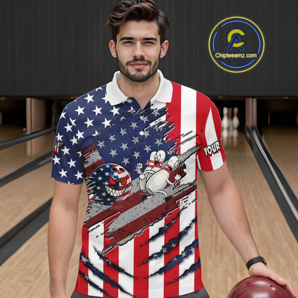 Custom American Flag Bowling Shirt Funny Blue Red White Bowling Jersey for Men Polo & Quarter-Zip QZT929