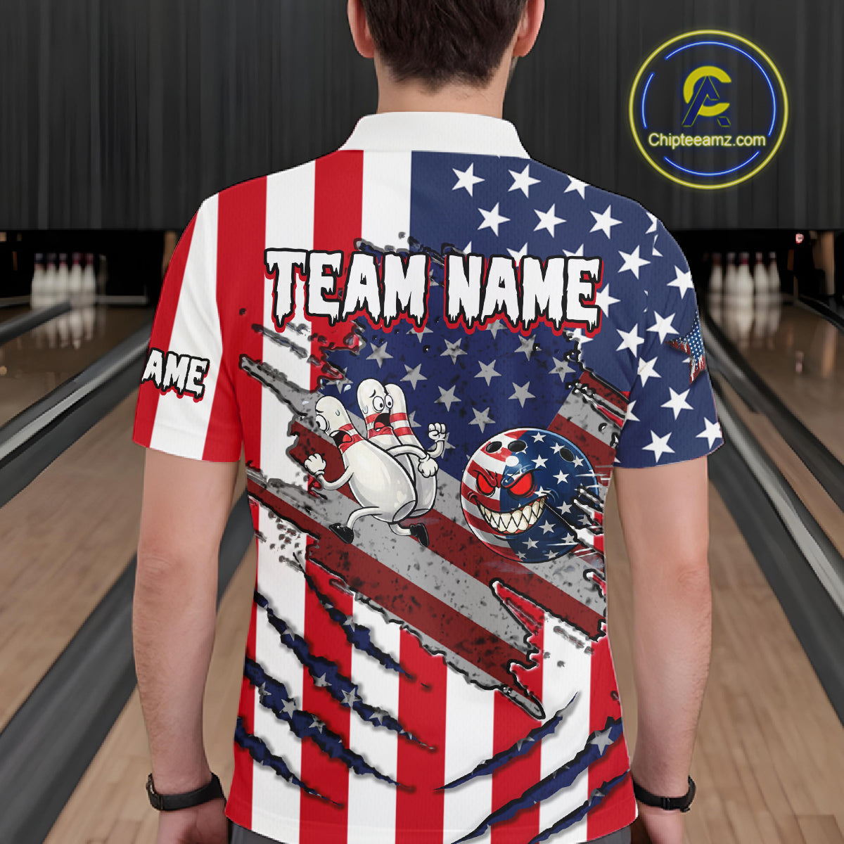 Custom American Flag Bowling Shirt Funny Blue Red White Bowling Jersey for Men Polo & Quarter-Zip QZT929