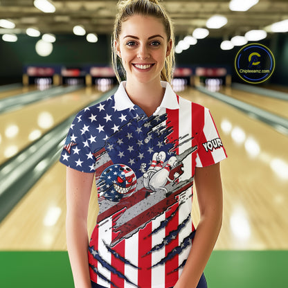 Custom American Flag Bowling Shirt Funny Blue Red White Bowling Jersey for Women Polo & Quarter-Zip QZT929