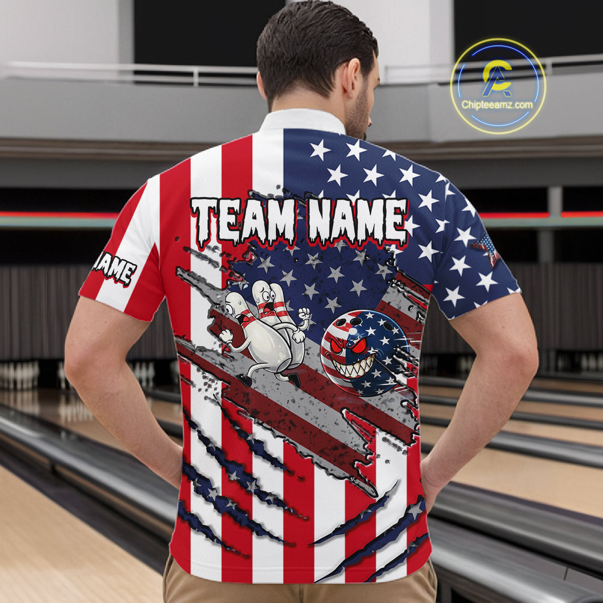 Custom American Flag Bowling Shirt Funny Blue Red White Bowling Jersey for Men Polo & Quarter-Zip QZT929