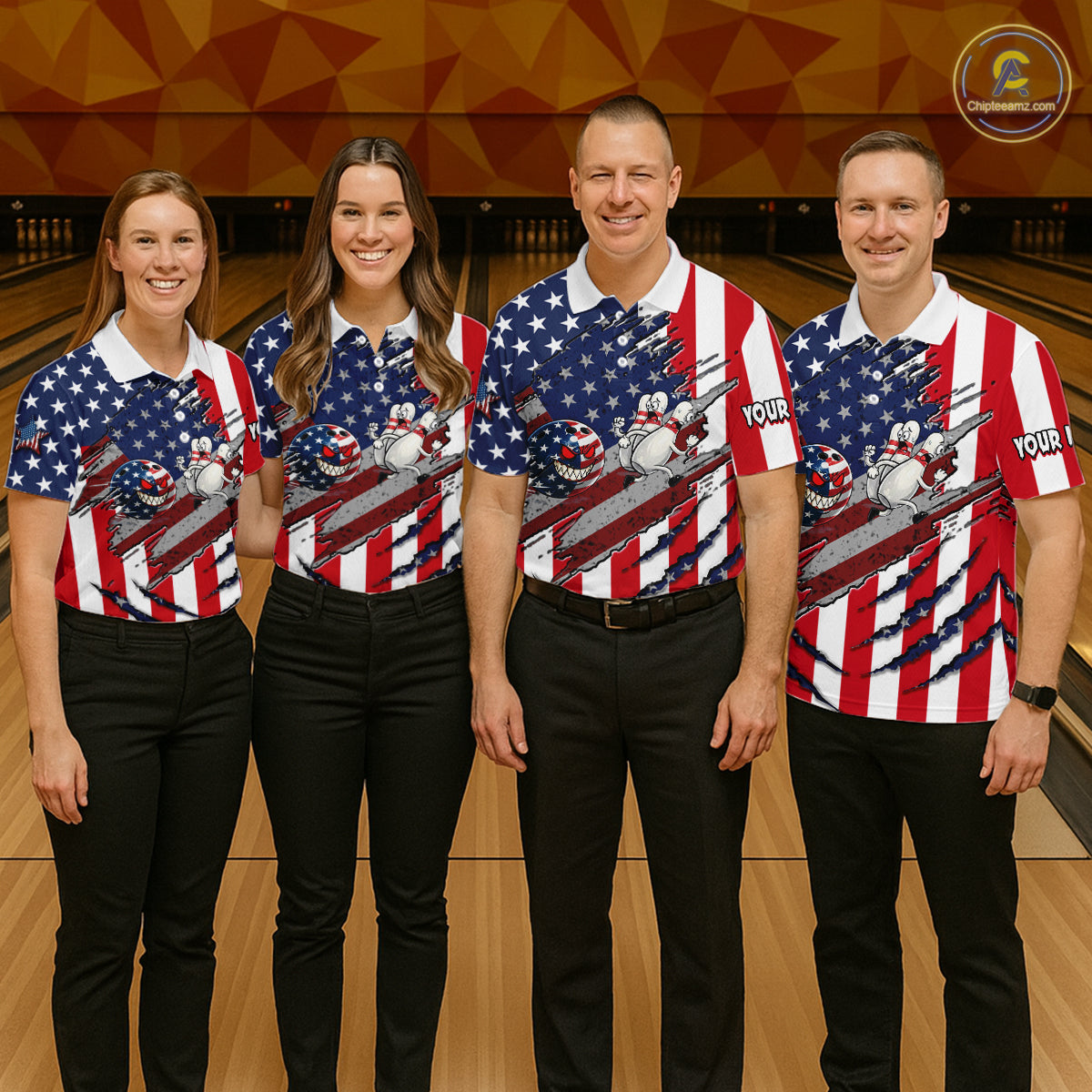 Custom American Flag Bowling Shirt Funny Blue Red White Bowling Jersey for Women Polo & Quarter-Zip QZT929