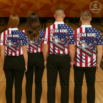 Custom American Flag Bowling Shirt Funny Blue Red White Bowling Jersey for Women Polo & Quarter-Zip QZT929