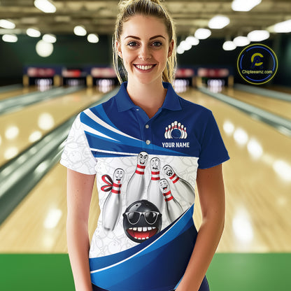 Blue Funny Bowling Shirt Custom Pattern Bowling Team Jersey Polo & 1/4-Zip Bowling Gift for Women QZT930