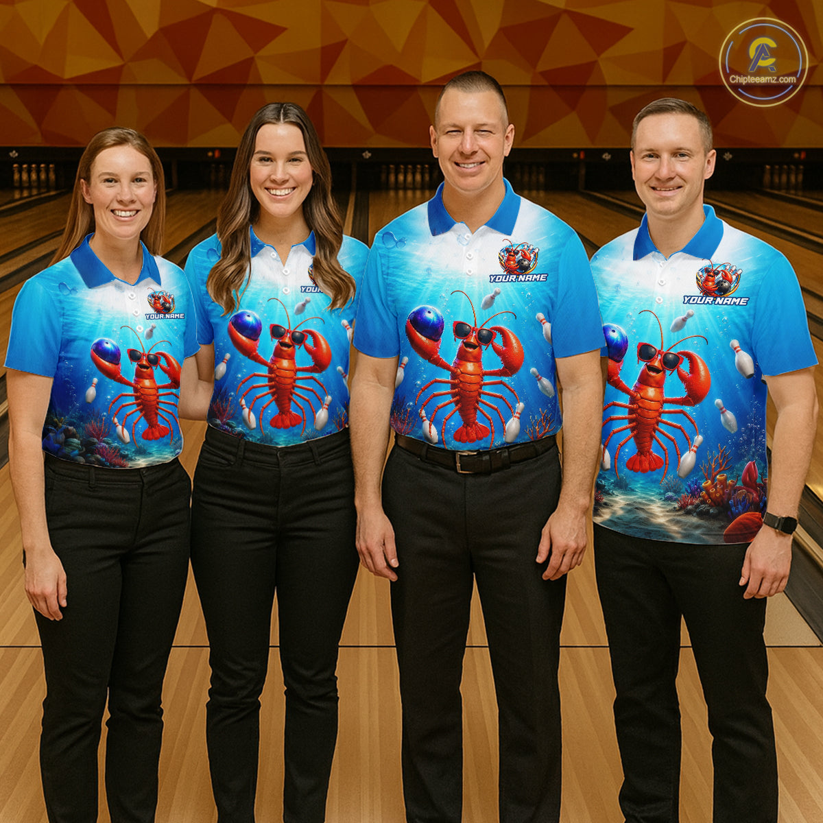 Four people wearing matching blue bowling shirts with lobster graphics on a bowling alley.