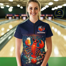 Load image into Gallery viewer, Person wearing a bowling shirt with a lobster design in a bowling alley.