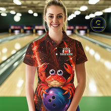 Load image into Gallery viewer, Person wearing a custom bowling shirt with a crab design in a bowling alley.