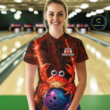 Load image into Gallery viewer, Person wearing a custom bowling shirt with a red crab design in a bowling alley.