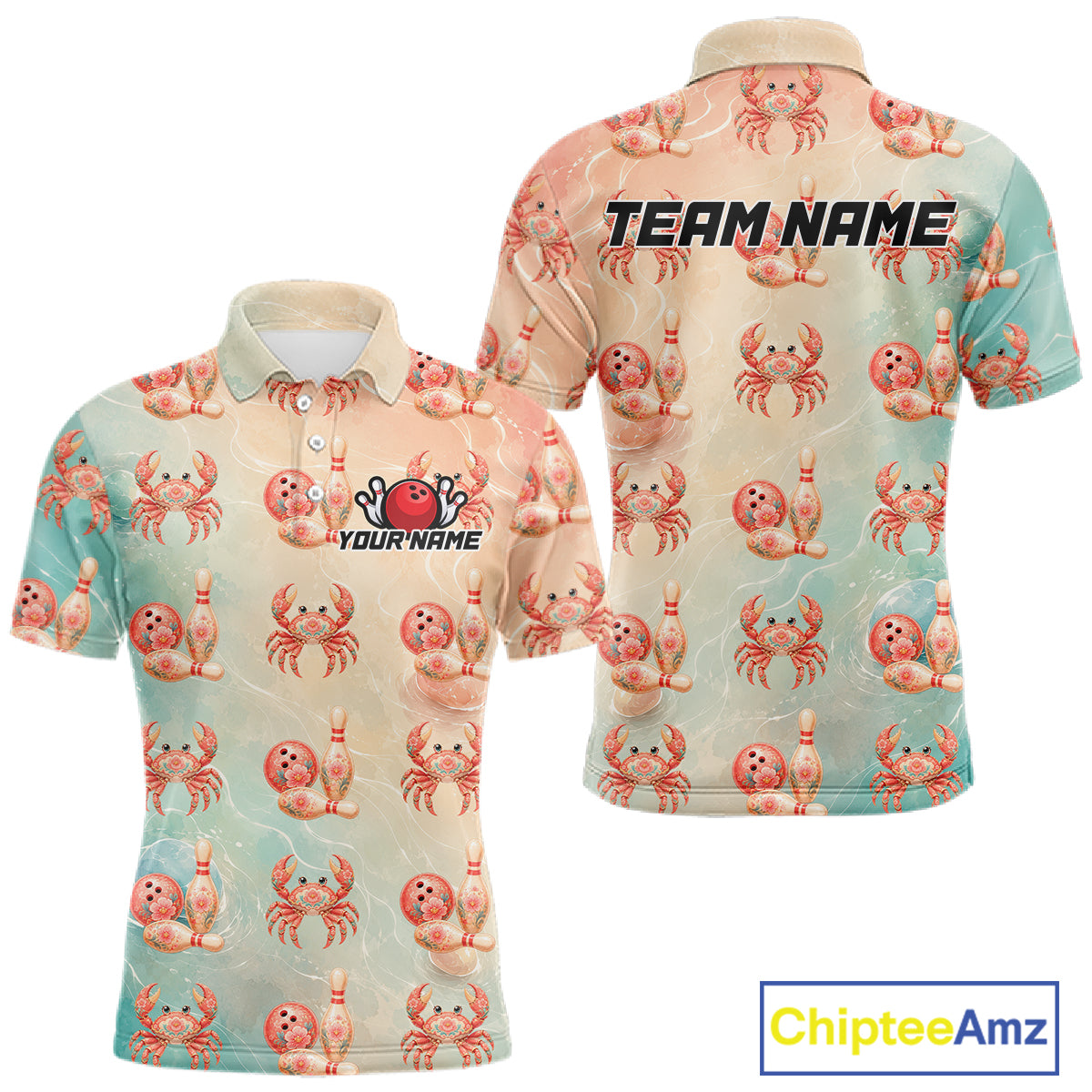 Two polo shirts with crab pattern and 'Team Name' text on a white background, featuring Chiptee Amz branding.
