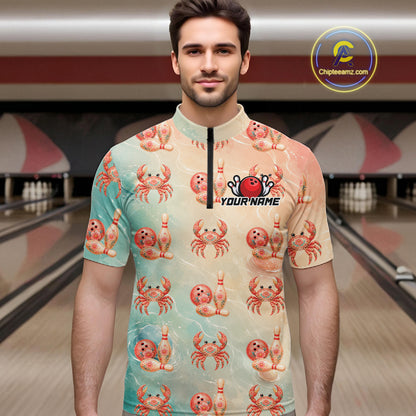 Man wearing a shirt with crab and bowling ball pattern in a bowling alley.