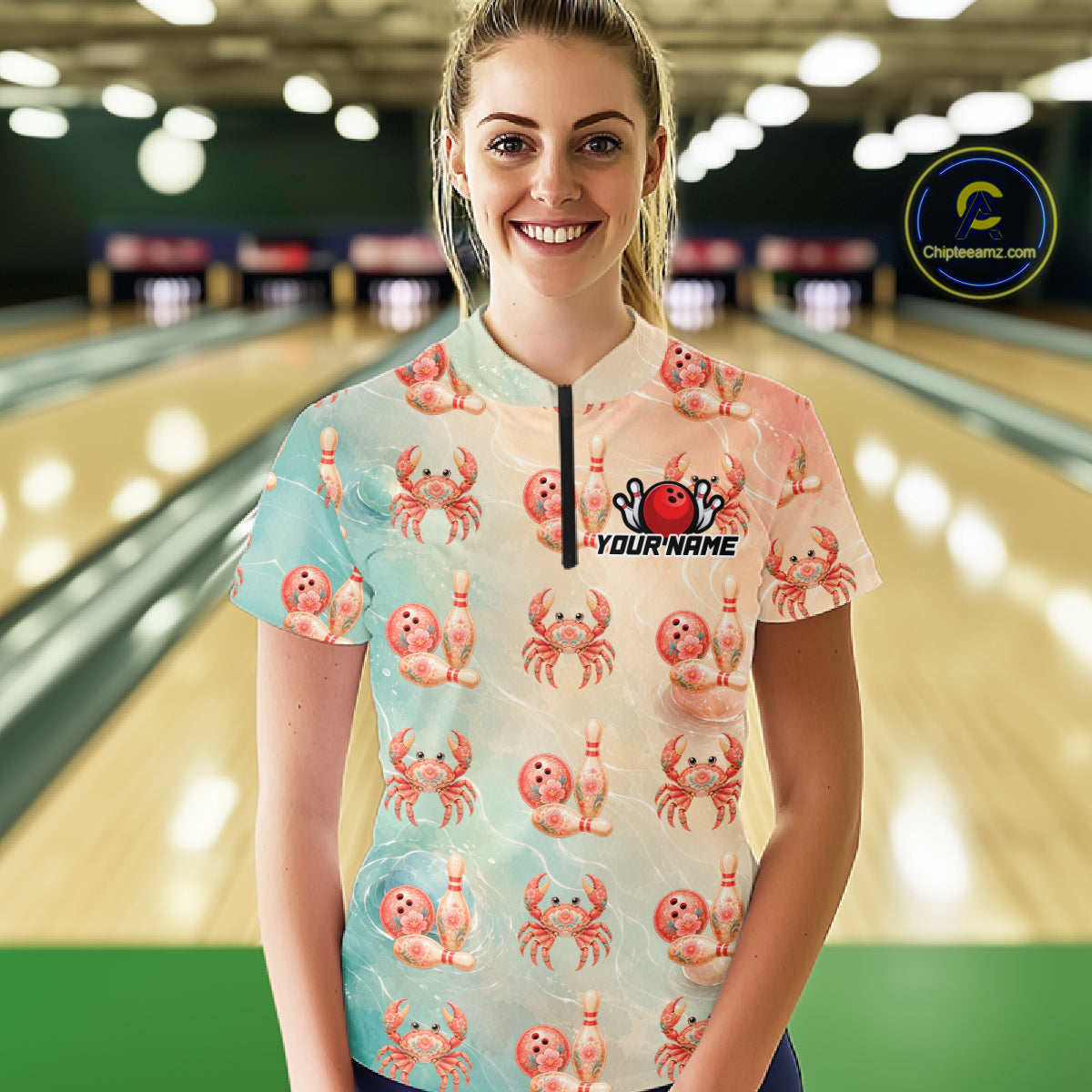 Woman wearing a colorful bowling shirt with crab patterns in a bowling alley.
