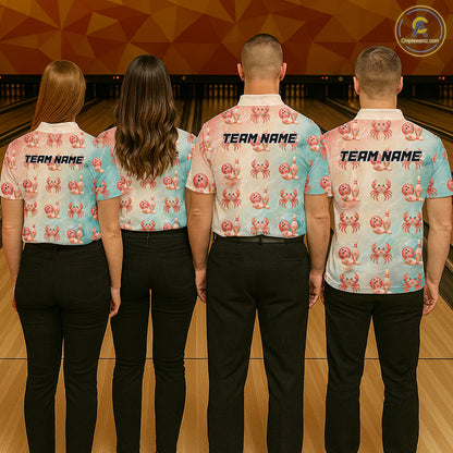 Four people wearing matching shirts with a crab pattern and 'Team Name' text on a bowling alley background.