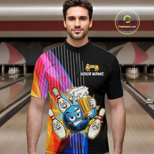 Load image into Gallery viewer, Man wearing a black bowling shirt with colorful design and 'Your Name' text in a bowling alley.