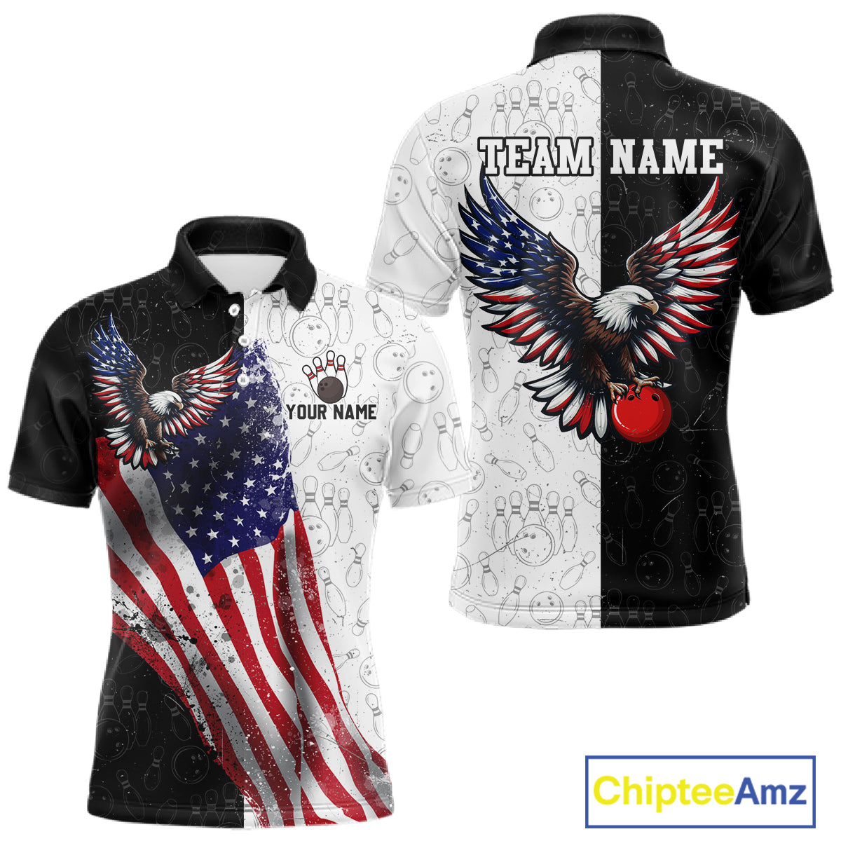 Black & White Bowling Shirt for Men Custom American Flag Eagle Bowling Team Jersey QZT1256