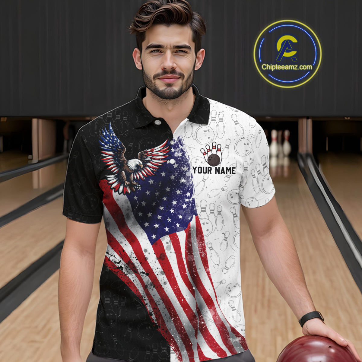 Black & White Bowling Shirt for Men Custom American Flag Eagle Bowling Team Jersey QZT1256